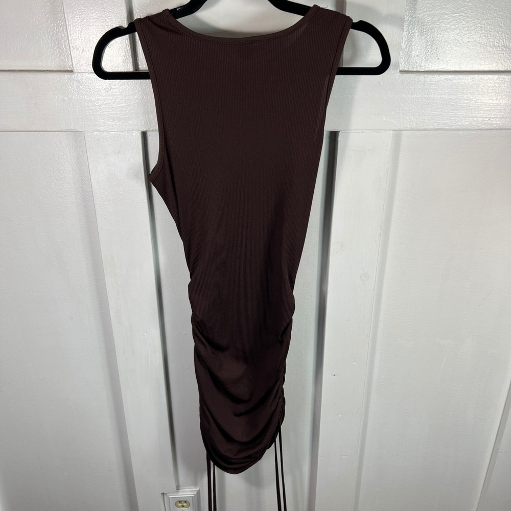 Chocolate Brown Ribbed Ruched Side Drawstring Bodycon Mini Dress Small - Picture 5 of 8